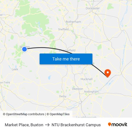 Market Place, Buxton to NTU Brackenhurst Campus map