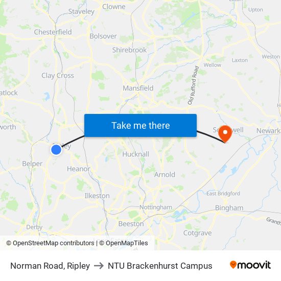 Norman Road, Ripley to NTU Brackenhurst Campus map