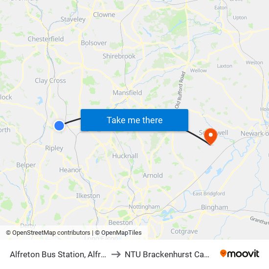 Alfreton Bus Station, Alfreton to NTU Brackenhurst Campus map