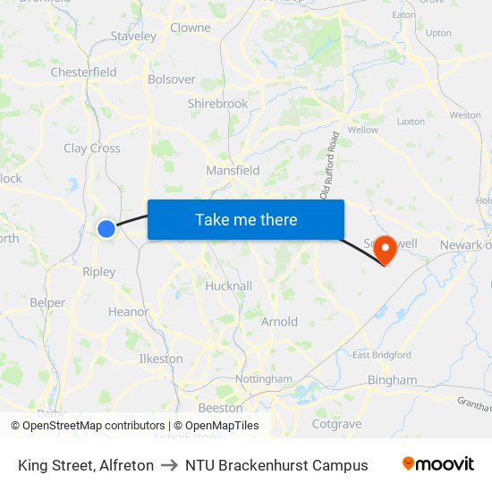 King Street, Alfreton to NTU Brackenhurst Campus map