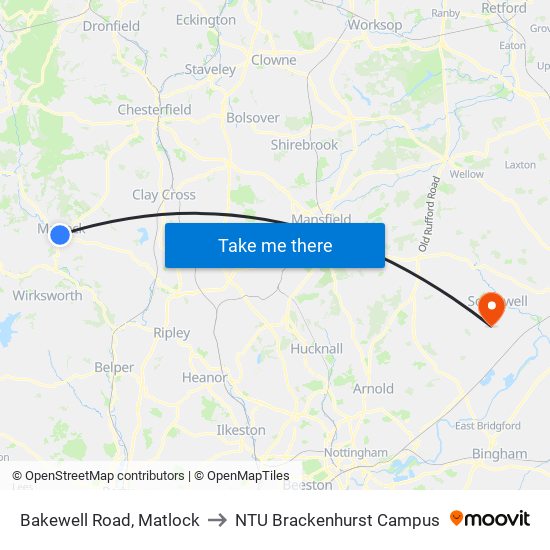 Bakewell Road, Matlock to NTU Brackenhurst Campus map