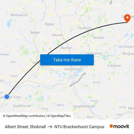 Albert Street, Shobnall to NTU Brackenhurst Campus map