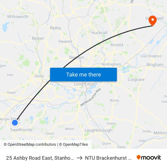 25 Ashby Road East, Stanhope Bretby to NTU Brackenhurst Campus map