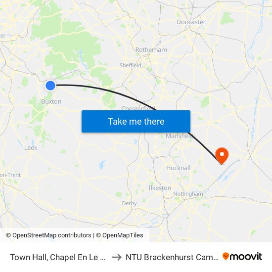 Town Hall, Chapel En Le Frith to NTU Brackenhurst Campus map