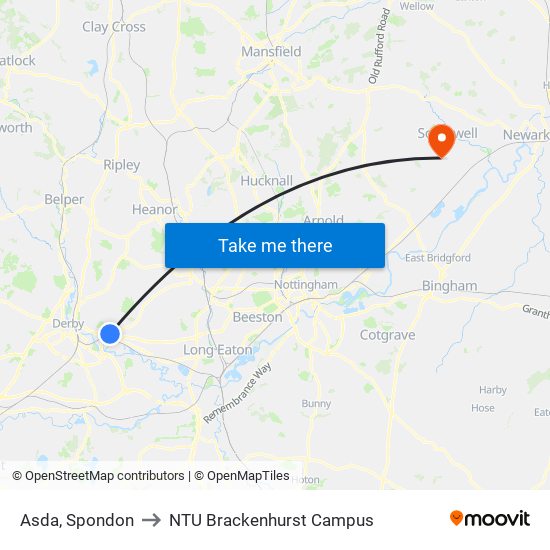 Asda, Spondon to NTU Brackenhurst Campus map