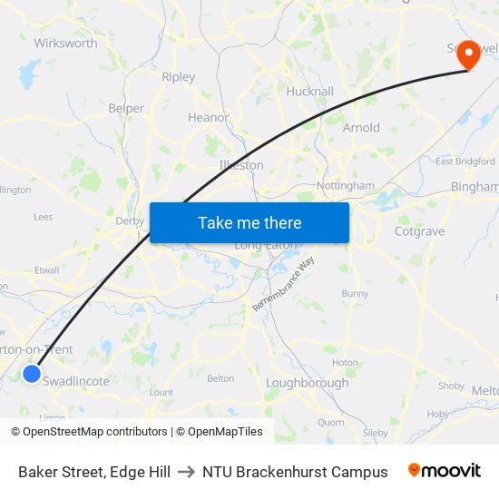 Baker Street, Edge Hill to NTU Brackenhurst Campus map