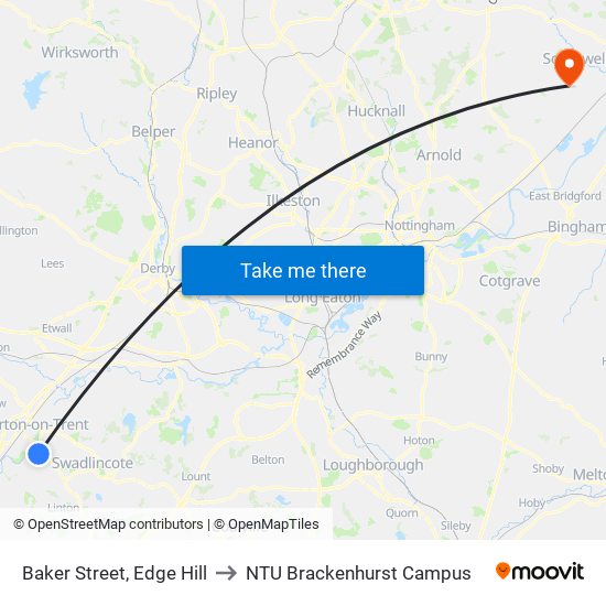 Baker Street, Edge Hill to NTU Brackenhurst Campus map