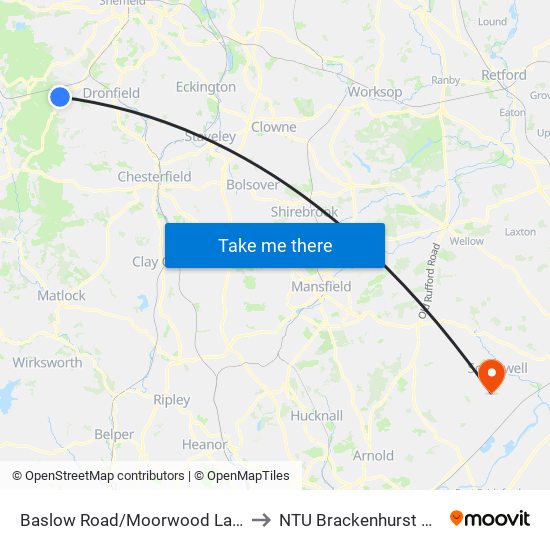 Baslow Road/Moorwood Lane, Totley to NTU Brackenhurst Campus map
