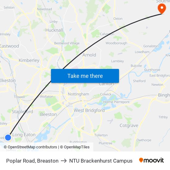 Poplar Road, Breaston to NTU Brackenhurst Campus map