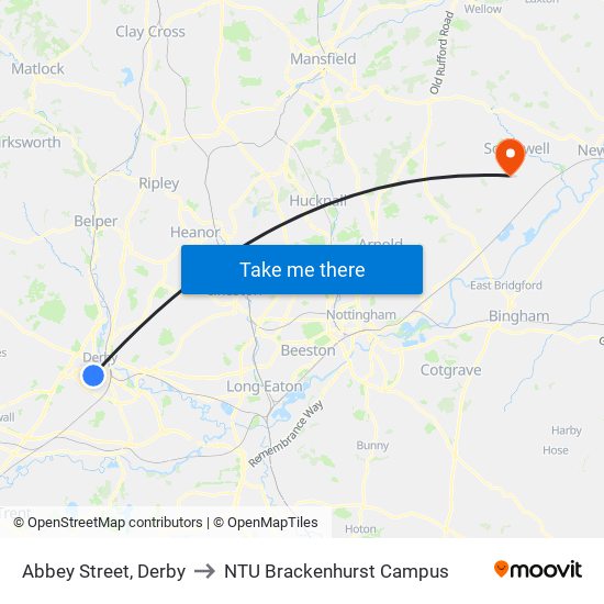 Abbey Street, Derby to NTU Brackenhurst Campus map