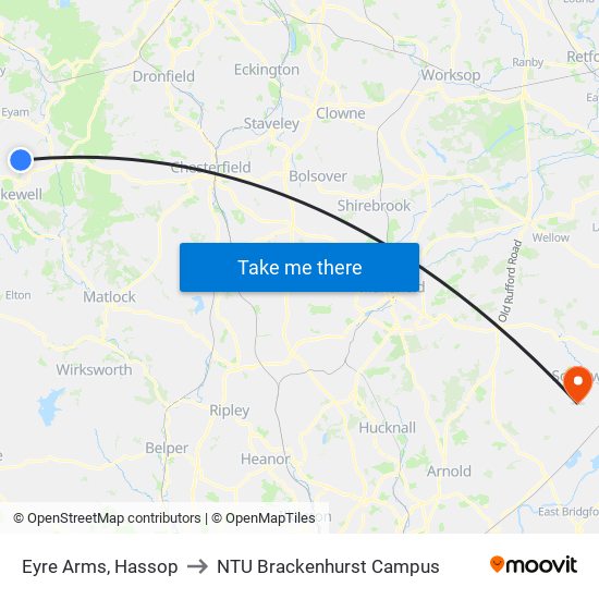 Eyre Arms, Hassop to NTU Brackenhurst Campus map