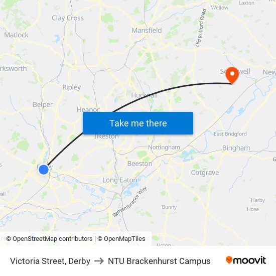 Victoria Street, Derby to NTU Brackenhurst Campus map