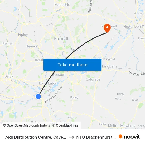Aldi Distribution Centre, Cavendish Bridge to NTU Brackenhurst Campus map