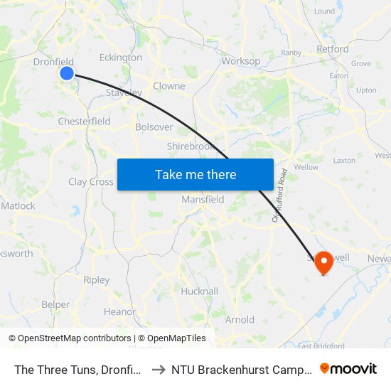 The Three Tuns, Dronfield to NTU Brackenhurst Campus map