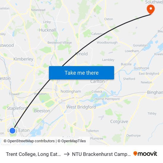 Trent College, Long Eaton to NTU Brackenhurst Campus map