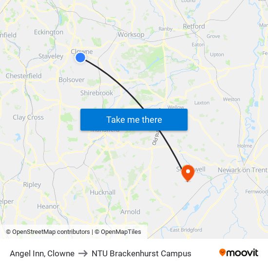 Angel Inn, Clowne to NTU Brackenhurst Campus map
