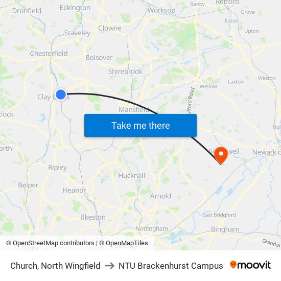 Church, North Wingfield to NTU Brackenhurst Campus map