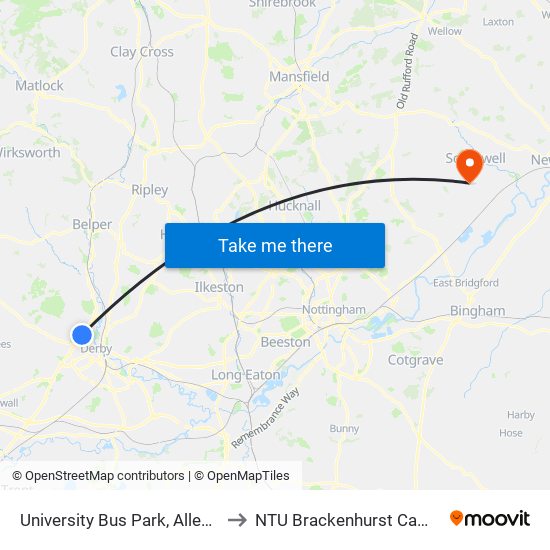 University Bus Park, Allestree to NTU Brackenhurst Campus map