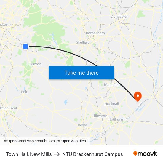 Town Hall, New Mills to NTU Brackenhurst Campus map