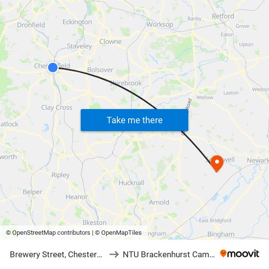 Brewery Street, Chesterfield to NTU Brackenhurst Campus map