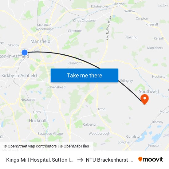 Kings Mill Hospital, Sutton In Ashfield to NTU Brackenhurst Campus map