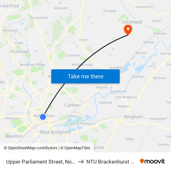 Upper Parliament Street, Nottingham to NTU Brackenhurst Campus map