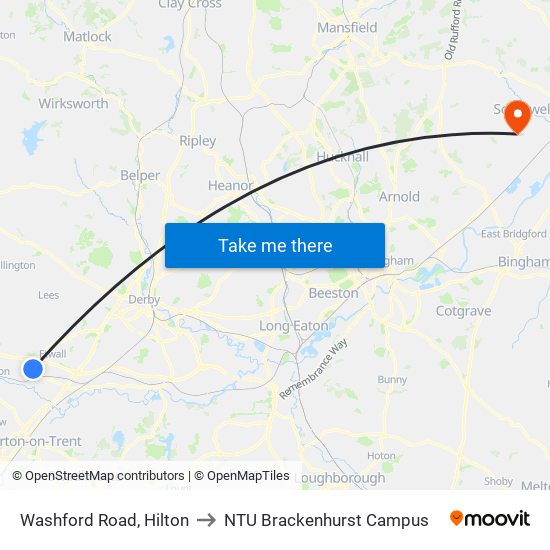 Washford Road, Hilton to NTU Brackenhurst Campus map