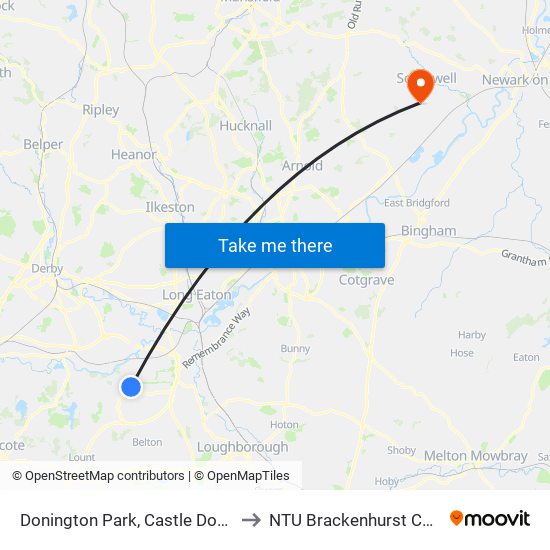 Donington Park, Castle Donington to NTU Brackenhurst Campus map