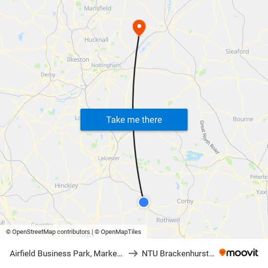 Airfield Business Park, Market Harborough to NTU Brackenhurst Campus map