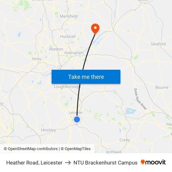 Heather Road, Leicester to NTU Brackenhurst Campus map