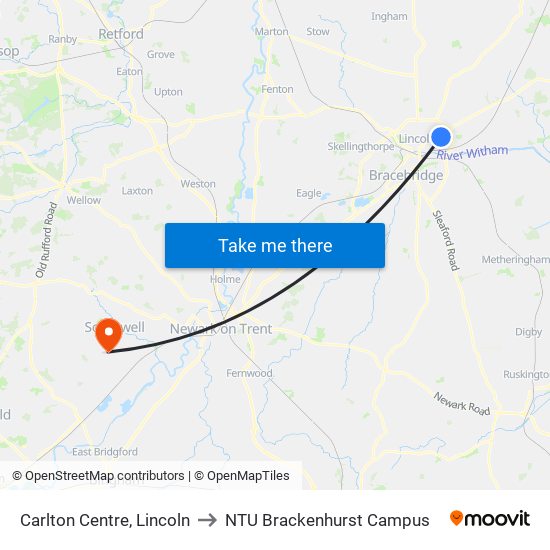 Carlton Centre, Lincoln to NTU Brackenhurst Campus map