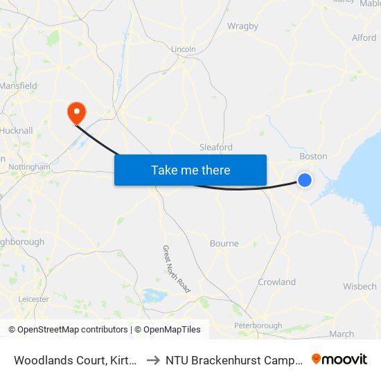 Woodlands Court, Kirton to NTU Brackenhurst Campus map