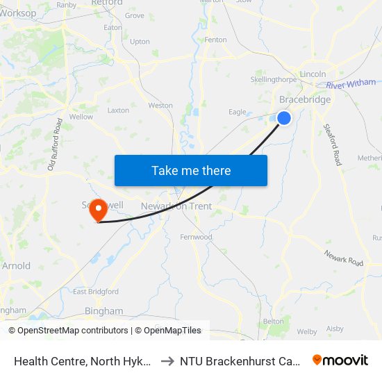 Health Centre, North Hykeham to NTU Brackenhurst Campus map