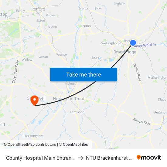 County Hospital Main Entrance, Lincoln to NTU Brackenhurst Campus map