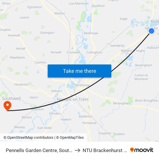 Pennells Garden Centre, South Hykeham to NTU Brackenhurst Campus map