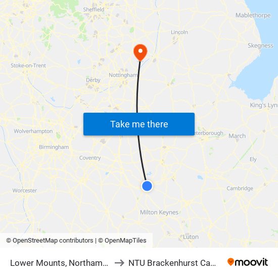 Lower Mounts, Northampton to NTU Brackenhurst Campus map