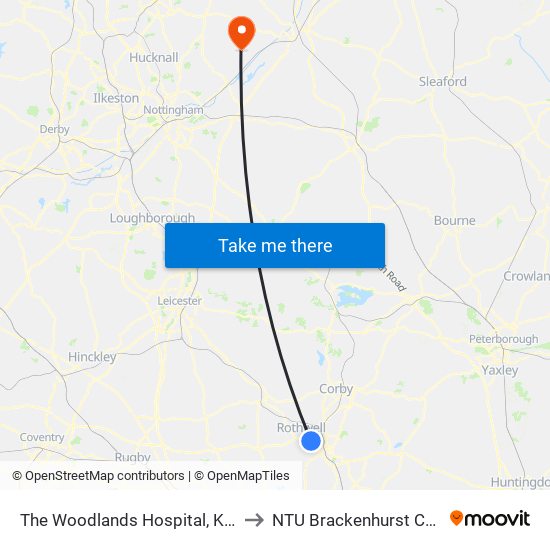 The Woodlands Hospital, Kettering to NTU Brackenhurst Campus map
