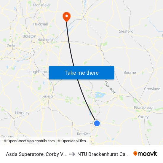 Asda Superstore, Corby Village to NTU Brackenhurst Campus map