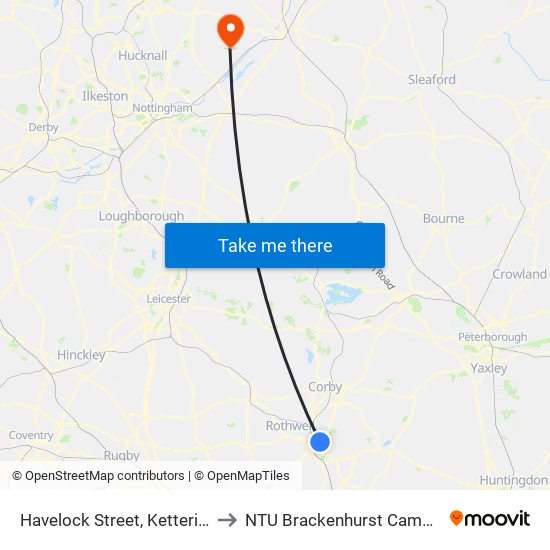 Havelock Street, Kettering to NTU Brackenhurst Campus map