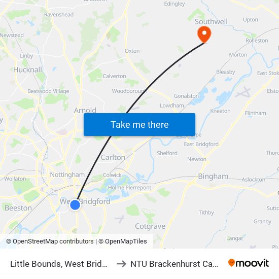 Little Bounds, West Bridgford to NTU Brackenhurst Campus map