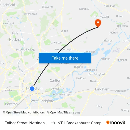 Talbot Street, Nottingham to NTU Brackenhurst Campus map