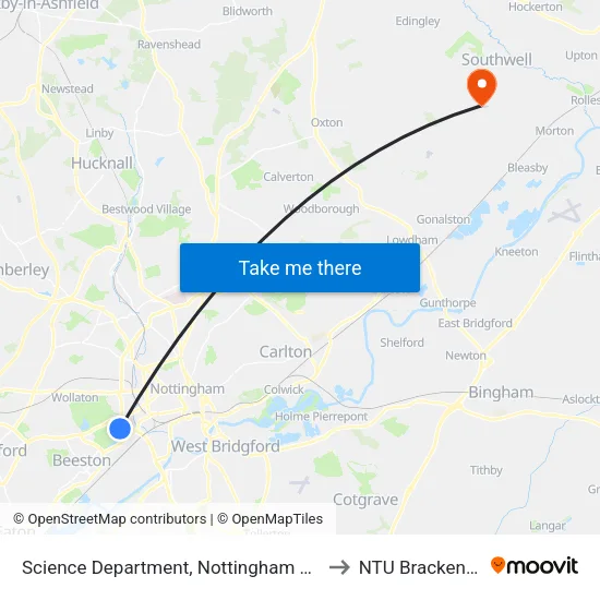 Science Department, Nottingham University Main Campus (Un31) to NTU Brackenhurst Campus map