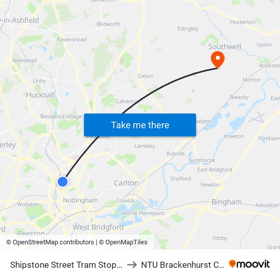 Shipstone Street Tram Stop, Radford to NTU Brackenhurst Campus map