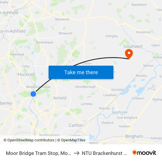 Moor Bridge Tram Stop, Moor Bridge to NTU Brackenhurst Campus map