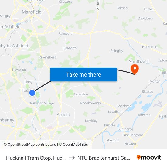 Hucknall Tram Stop, Hucknall to NTU Brackenhurst Campus map