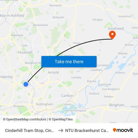 Cinderhill Tram Stop, Cinderhill to NTU Brackenhurst Campus map
