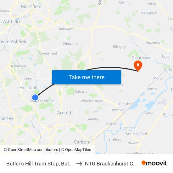 Butler's Hill Tram Stop, Butlers Hill to NTU Brackenhurst Campus map