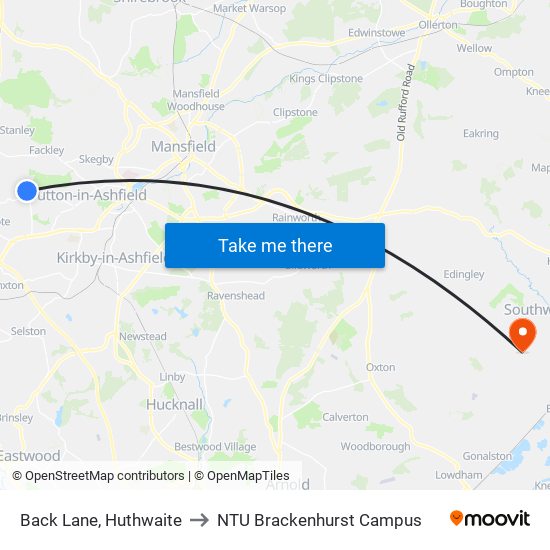 Back Lane, Huthwaite to NTU Brackenhurst Campus map
