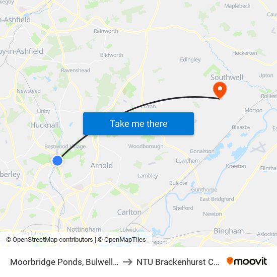 Moorbridge Ponds, Bulwell (Bv25) to NTU Brackenhurst Campus map