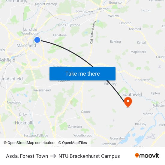 Asda, Forest Town to NTU Brackenhurst Campus map